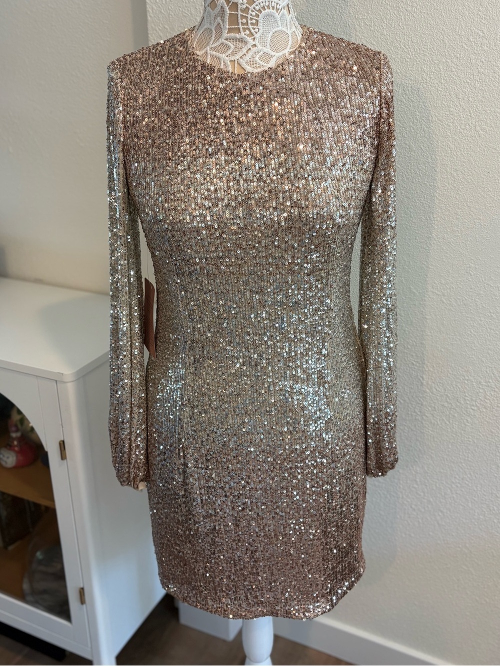 NWT BHLDN Long Sleeve Sequin Mini Dress in Rose Gold- size 8